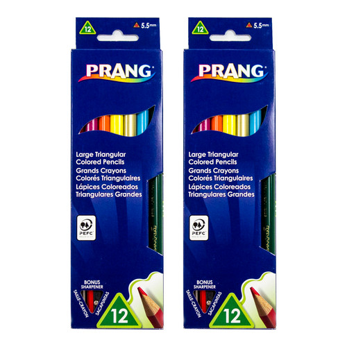 Prang Triangular Colored Pencils, 5.5 Mm Core, With Sharpener, Assorted Colors, 12 Per Pack, 2 Packs DIX25120-2