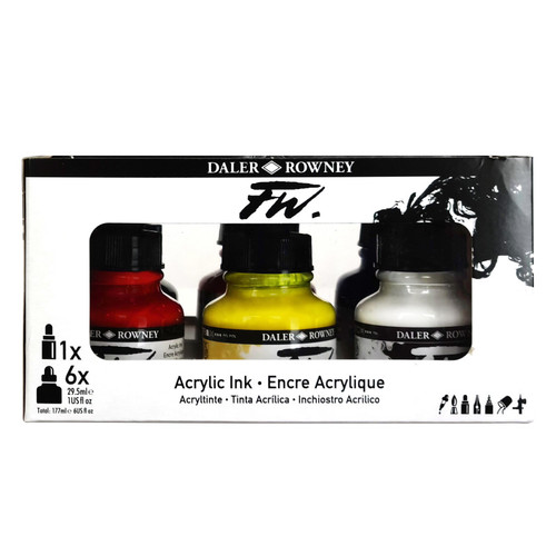 Daler-Rowney Fw Acrylic Ink Primary Set With Empty Marker, Assorted Colors, 29.5Ml, 6 Pieces DRW160100007
