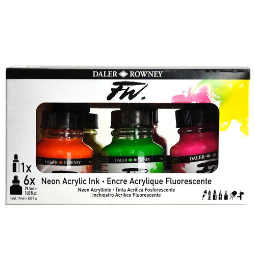 Daler-Rowney Fw Acrylic Ink Neon Set With Empty Marker, Assorted Colors, 29.5Ml, 6 Pieces DRW160329007