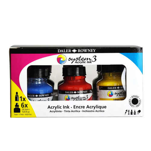 Daler-Rowney System3 Acrylic Ink Introduction Set With Empty Marker, Assorted Colors, 29.5Ml, 6 Pieces DRW161100007