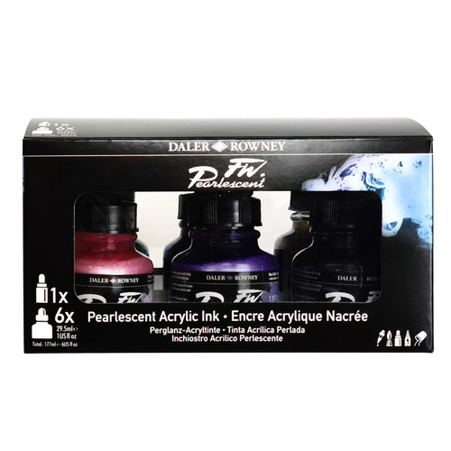 Daler-Rowney Fw Acrylic Ink Pearlescent Set With Empty Marker, Assorted Colors, 29.5Ml, 6 Pieces DRW603200007