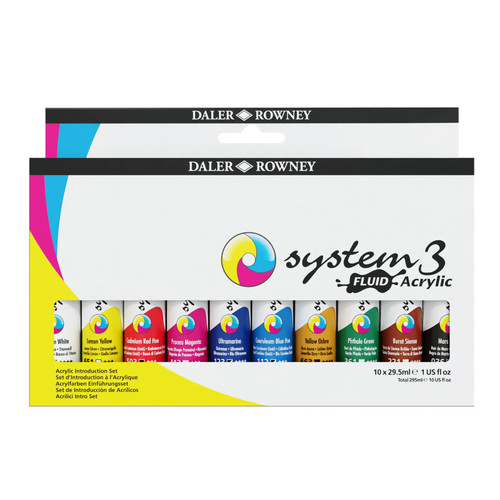 Daler-Rowney System3 Fluid Acrylic Paint Set, Assorted Colors, 29.5Ml, 10 Pieces DRWD139029101