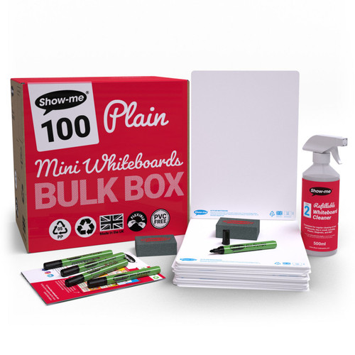 Show-Me Bulk Box Of 100 X Plain/Plain 8" X 12" Whiteboards, With Pens, Erasers, Cleaner EPTBSMBX