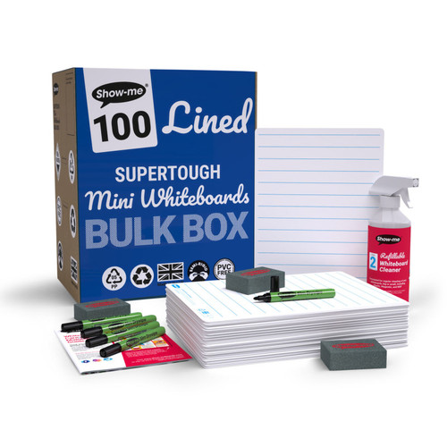 Show-Me Bulk Box Of 100 X Lined/Plain Supertough 8" X 12" Lapboards, With Pens, Erasers, Cleaner EPTBSRLX