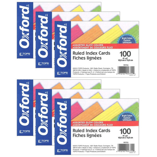 Oxford Glow Index Cards, 4" X 6", 100 Per Pack, 6 Packs ESS99755-6