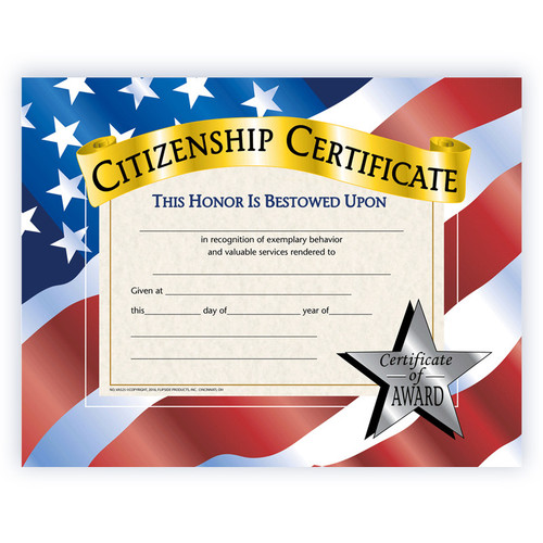 Hayes Citizenship Certificate, 8.5" X 11", Pack Of 30 H-VA525