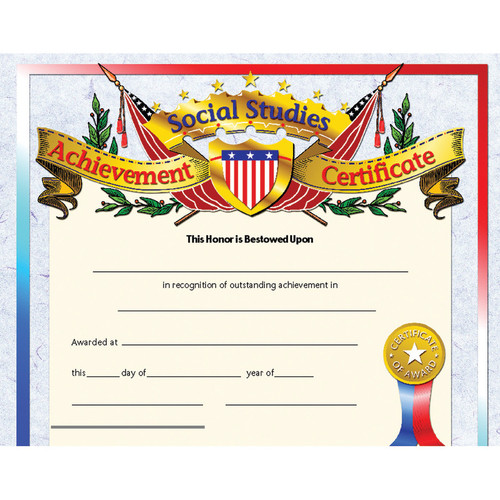 Hayes Social Studies Achievement Certificate, 8.5" X 11", Pack Of 30 H-VA675