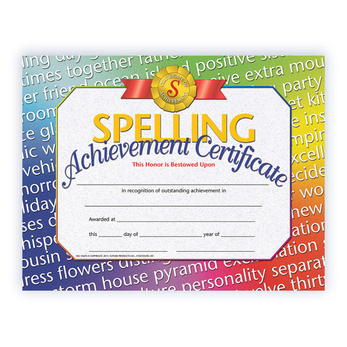 Hayes Spelling Achievement Certificate, 8.5" X 11", Pack Of 30 H-VA676