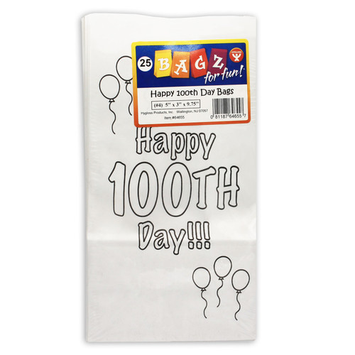 Hygloss Happy 100Th Day Paper Bags, 5" X 3" X 9.75", Pack Of 25 HYG64655