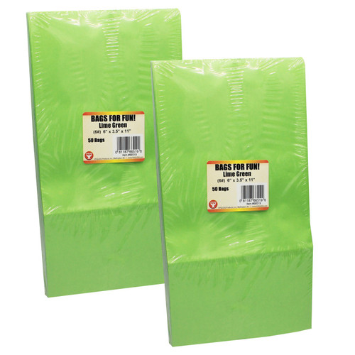 Hygloss Gusseted Paper Bags, #6 (6" X 3.5" X 11"), Lime Green, 50 Per Pack, 2 Packs HYG66519-2