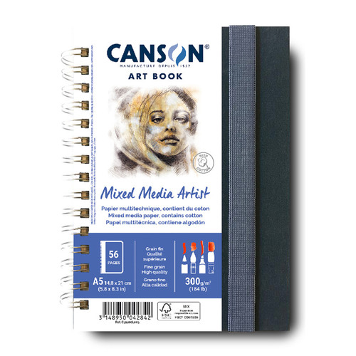 Canson Artist Series Mixed Media Art Book, Fabric Cover, Side Wire Binding, 56 Sheet, 5.8X8.3 Inch MCX31200L005