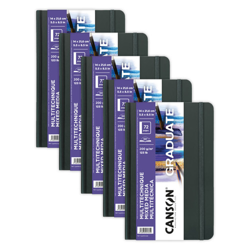 Canson Graduate Mixed Media Art Book, Hard Cover Binding, 36 Sheet, 5.5X8.5 Inch, Pack Of 5 MCX31200L030-5