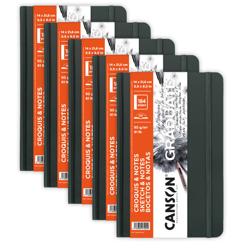 Canson Graduate Sketch & Notes Art Book, Dark Gray, Hard Cover Binding, 92 Sheet, 5.5X8.5 Inch, Pack Of 5 MCX31200L042-5