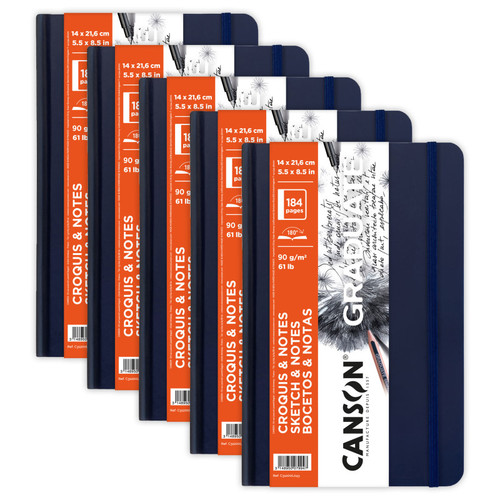 Canson Graduate Sketch & Notes Art Book, Dark Blue, Hard Cover Binding, 92 Sheet, 5.5X8.5 Inch, Pack Of 5 MCX31200L043-5