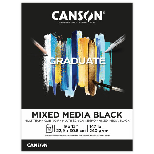 Canson Graduate Mixed Media Pad, Black, Foldover Binding, 12 Sheet, 9X12 Inch, 1 Count MCX525008004