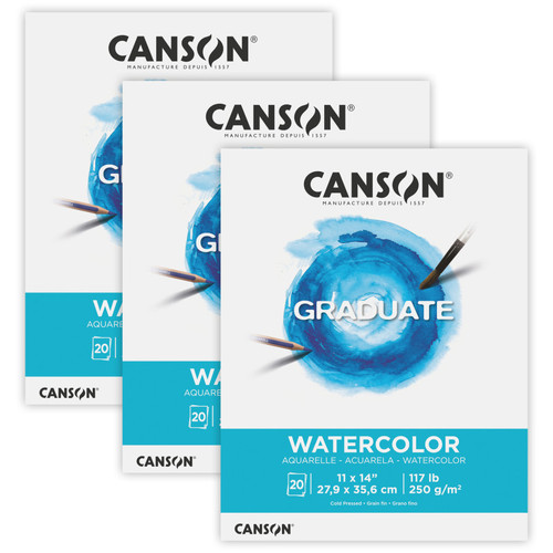 Canson Graduate Watercolor Pad, Foldover Binding, 20 Sheet, 11X14 Inch, Pack Of 3 MCX525008009-3