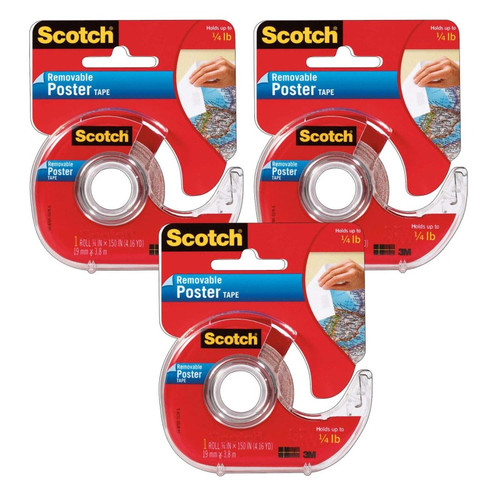 Scotch Removable Poster Tape With Dispenser, 3/4" X 150", Clear, Pack Of 3 MMM109-3
