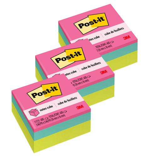 Post-It Notes Cube, Bright Colors, 3 In. X 3 In., 400 Sheets/Cube, Pack Of 3 MMM2027BRT-3