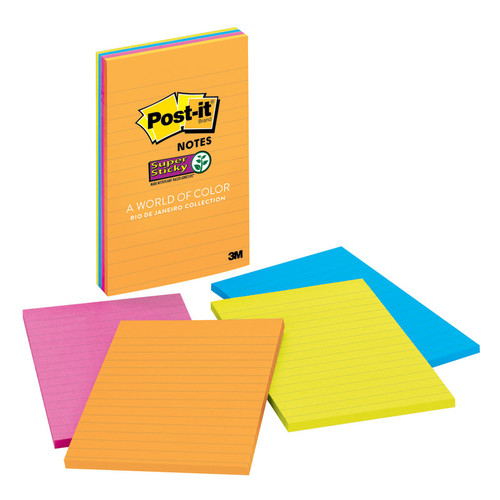 Post-It Super Sticky Notes, 4 X 6, Rio De Janeiro Collection, Lined, 4 Pads/Pack MMM4621SSAU