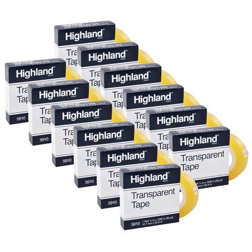 Highland Transparent Tape, 1/2" X 1296" Per Roll, 1" Core, 12 Rolls MMM5910121296-12