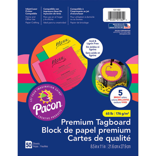 Pacon Premium Tagboard, 5 Assorted Bright Colors, 8-1/2" X 11", 50 Sheets PAC101160