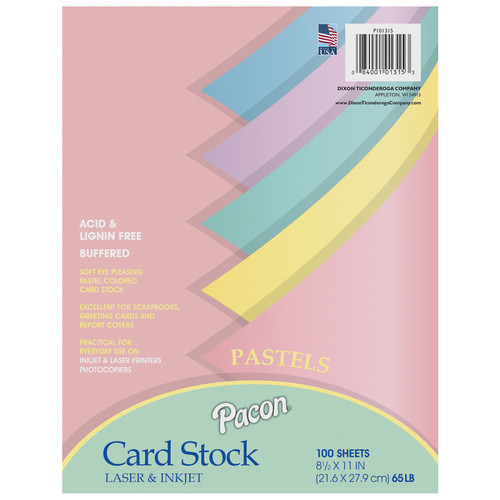 Pacon Pastel Card Stock, 5 Assorted Colors, 8-1/2" X 11", 100 Sheets PAC101315