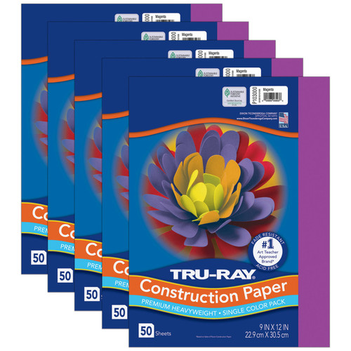 Tru-Ray Construction Paper, Heavyweight, Magenta, 9" X 12", 50 Sheets Per Pack, 5 Packs PAC103000-5