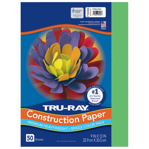 Tru-Ray Construction Paper, Heavyweight, Festive Green, 9" X 12", 50 Sheets PAC103006