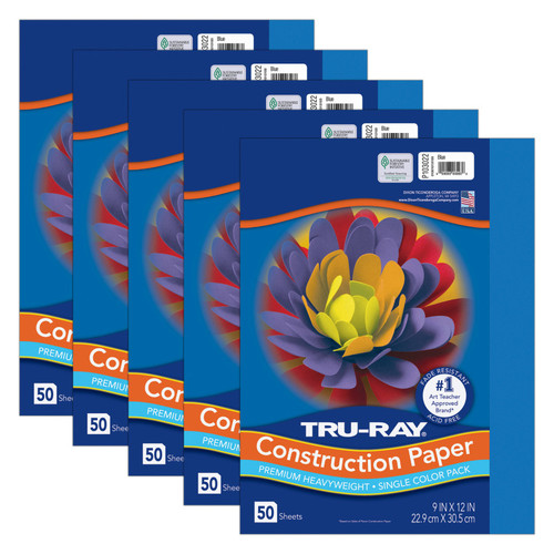Tru-Ray Construction Paper, Heavyweight, Blue, 9" X 12", 50 Sheets Per Pack, 5 Packs PAC103022-5