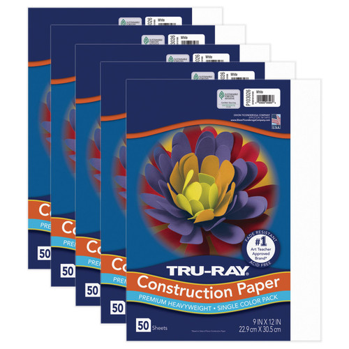 Tru-Ray Construction Paper, Heavyweight, White, 9" X 12", 50 Sheets Per Pack, 5 Packs PAC103026-5
