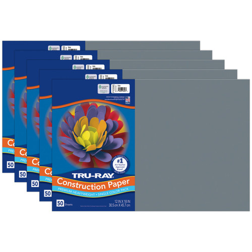 Tru-Ray Construction Paper, Heavyweight, Slate, 12" X 18", 50 Sheets Per Pack, 5 Packs PAC103060-5