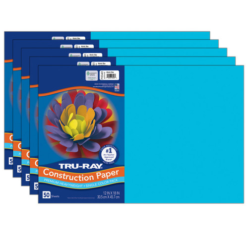 Tru-Ray Construction Paper, Heavyweight, Atomic Blue, 12" X 18", 50 Sheets Per Pack, 5 Packs PAC103401-5