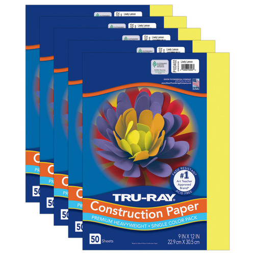 Tru-Ray Construction Paper, Heavyweight, Lively Lemon, 9" X 12", 50 Sheets Per Pack, 5 Packs PAC103402-5
