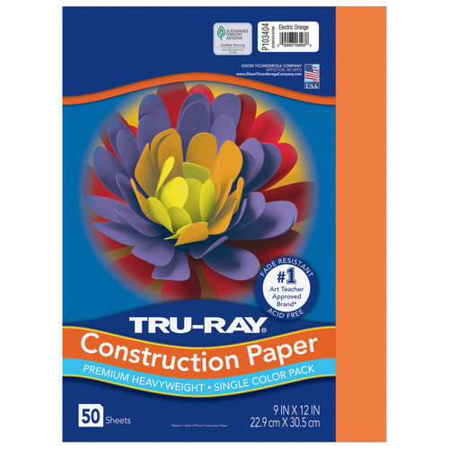 Tru-Ray Construction Paper, Heavyweight, Electric Orange, 9" X 12", 50 Sheets PAC103404