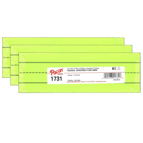 Pacon Super Bright Flash Cards, 5 Assorted Colors, 1.5" X 0.75" Ruled 3" X 9", 100 Cards Per Pack, 3 Packs PAC1731-3