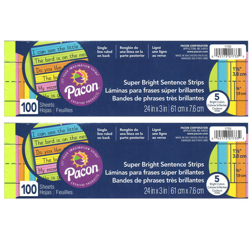 Pacon Sentence Strips, Assorted 5 Colors, 1-1/2" Ruled 3" X 24", 100 Strips Per Pack, 2 Packs PAC1733-2