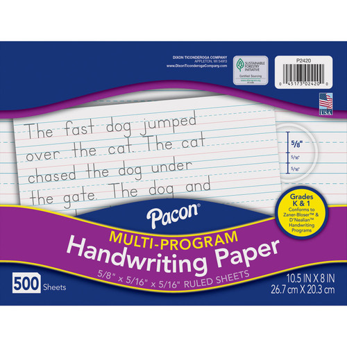 Pacon Multi-Program Handwriting Paper, 5/8" Ruled (Long Way), White, 10-1/2" X 8", 500 Sheets PAC2420