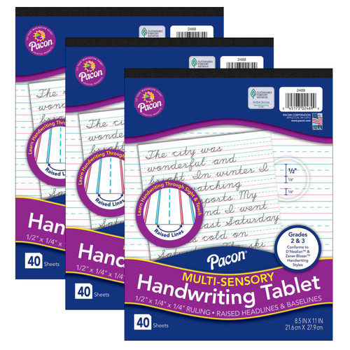 Pacon Multi-Sensory Raised Ruled Tablet, Tape-Bound Tablet, 1/2" X 1/4" X 1/4" Ruled Short, 8-1/2" X 11", 40 Sheets, Pack Of 3 PAC2469-3