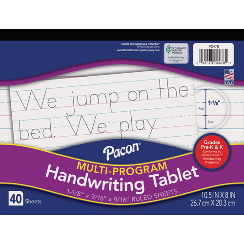 Pacon Multi-Program Handwriting Tablet, Zaner-Bloser, 1-1/8" X 9/16" X 9/16" Ruled Long, 10-1/2" X 8", 40 Sheets PAC2478