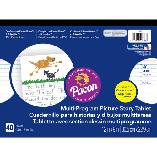 Pacon Multi-Program Handwriting Tablet, D'Nealian/Zaner-Bloser, 5/8" X 5/16" X 5/16" Ruled & 4-1/4" Picture Story Space, 12" X 9", 40 Sheets PAC2483