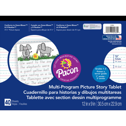 Pacon Multi-Program Handwriting Tablet, D'Nealian/Zaner-Bloser, 1/2" X 1/4" X 1/4" Ruled & 4-1/4" Picture Story Space, 12" X 9", 40 Sheets PAC2484