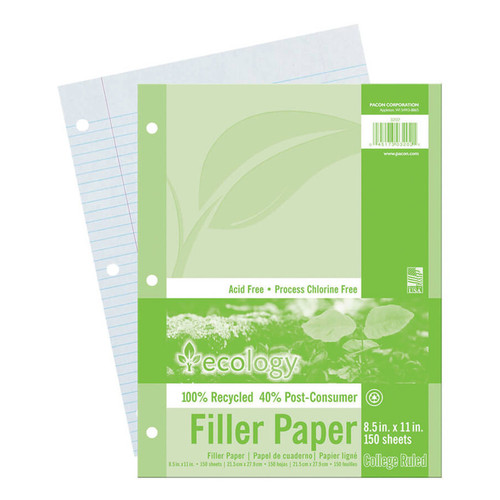 Ecology Recycled Filler Paper, White, 3-Hole Punched, 9/32" Ruled W/ Margin 8-1/2" X 11", 150 Sheets PAC3202