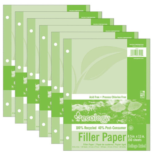 Ecology Recycled Filler Paper, White, 3-Hole Punched, 9/32" Ruled W/ Margin 8-1/2" X 11", 150 Sheets Per Pack, 6 Packs PAC3202-6