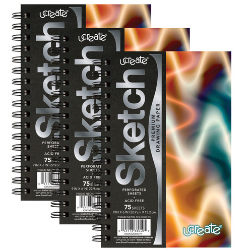 Ucreate Poly Sketch Book, Neon Squiggles, 9" X 6", Pack Of 3 PAC38040-3