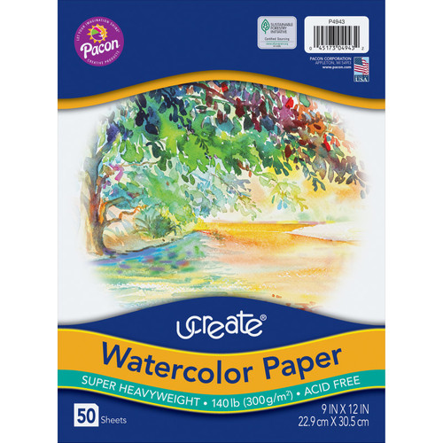 Ucreate Watercolor Paper, White, Package, 140 Lb., 9" X 12", 50 Sheets PAC4943