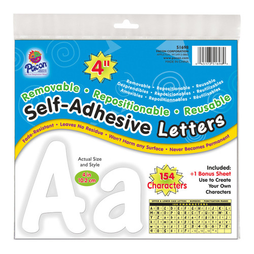 Pacon Self-Adhesive Letters, White, Cheery Font, 4", 154 Characters PAC51698