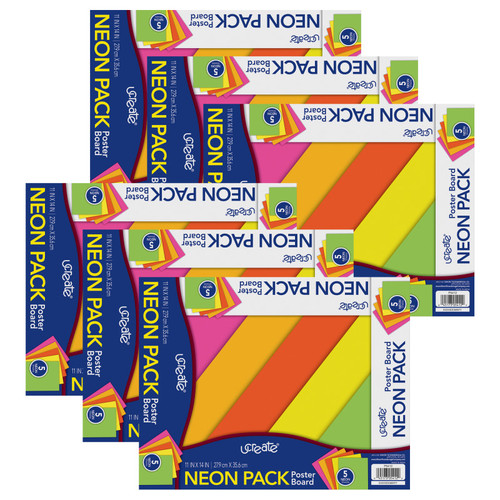Ucreate Poster Board, 5 Assorted Colors, Neon, 11" X 14", 5 Sheets Per Pack, 6 Packs PAC5412-6