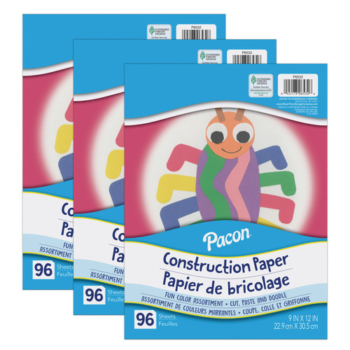 Pacon Construction Paper, Lightweight, Assorted Colors, 9" X 12", 96 Sheets Per Pack, 3 Packs PAC6532-3