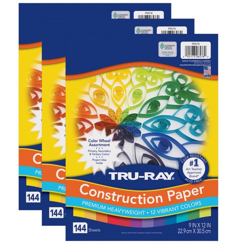 Tru-Ray Construction Paper, Heavyweight, Color Wheel Assortment, 12 Vibrant Colors, 9" X 12", 144 Sheets Per Pack, 3 Packs PAC6576-3