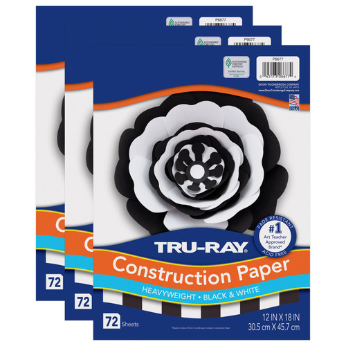 Tru-Ray Premium Construction Paper, Heavyweight, Black & White, 12" X 18", 72 Sheets Per Pack, 3 Packs PAC6677-3